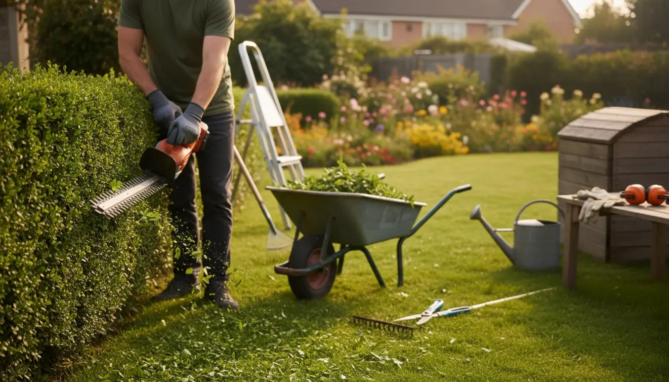 Nærbillede af hækkeklipning i en solbeskinnet have med trillebør og haveredskaber i baggrunden.