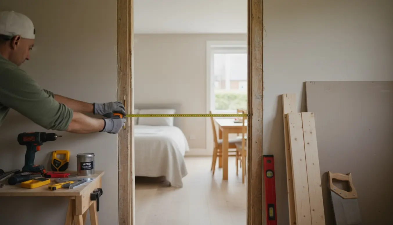 Hænder måler en åben dørkarm mellem soveværelse og spisestue med værktøj og byggematerialer klar.