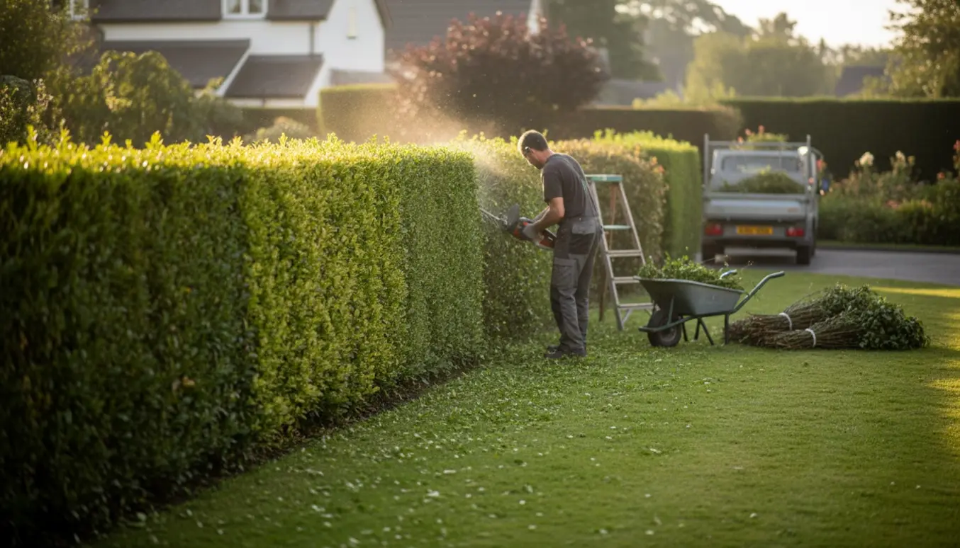 Hækkeklipning af en lang ligusterhæk med hækkeklipper, trillebør med afklip og trailer klar til bortkørsel.
