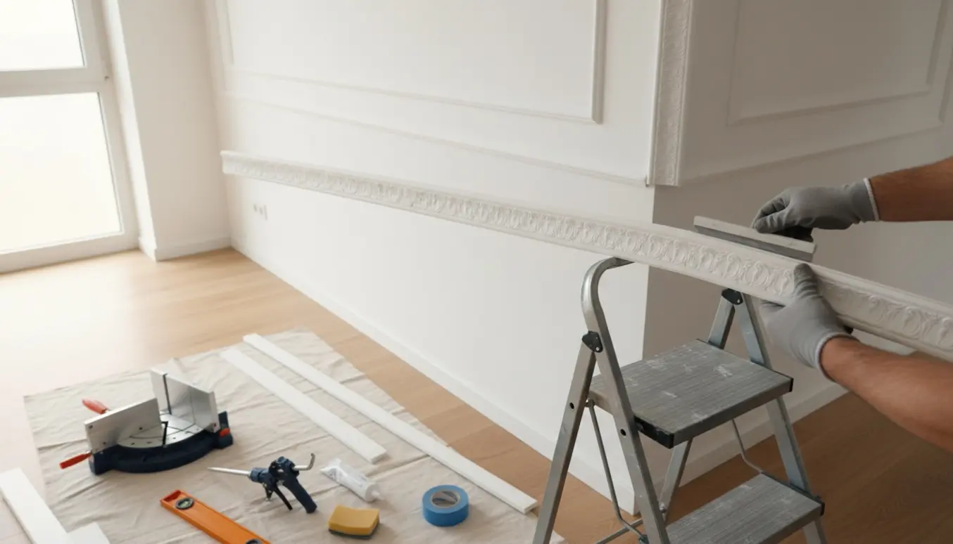 Hænder monterer hvid polyurethan-stuk i en nyistandsat lejlighed med naturligt lys.