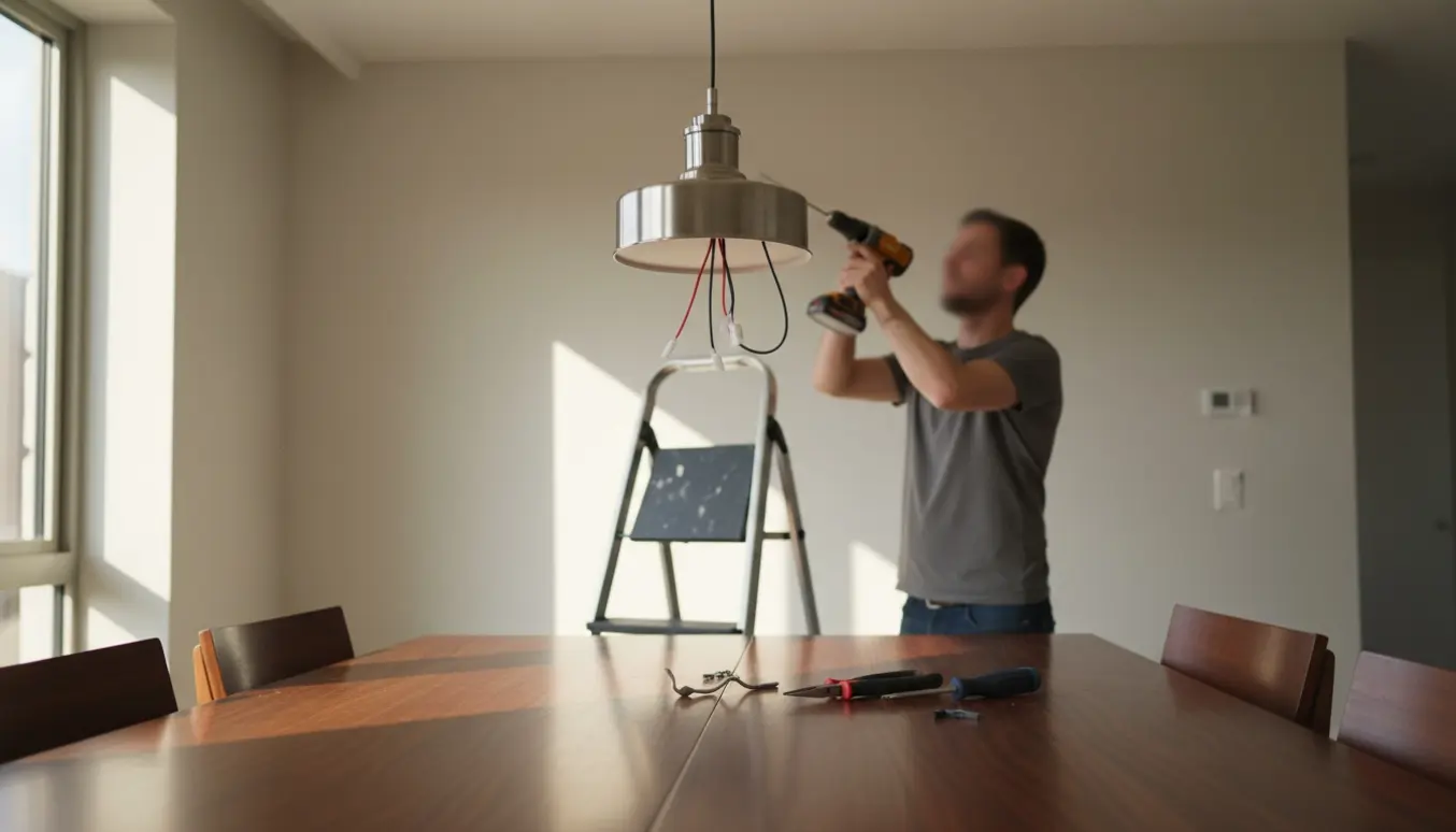 Nærbillede af ophængning og flytning af en loftlampe over et spisebord med boremaskine, ledninger og værktøj.