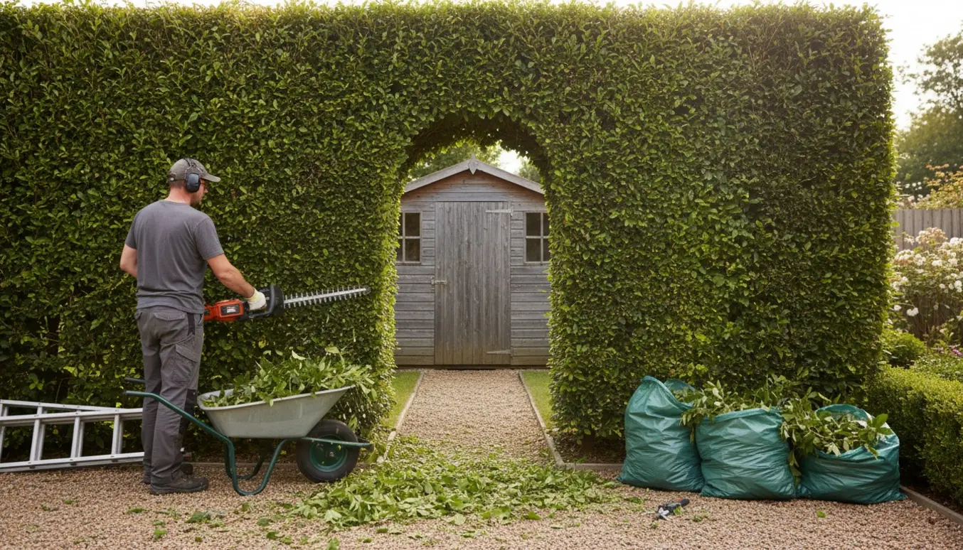 Trimmet hæk og busk med åbning til skuret og afklip samlet i trillebør.