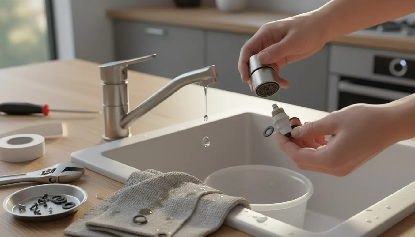 Nærbillede af hænder, der reparerer en dryppende køkkenvandhane med værktøj ved vasken.
