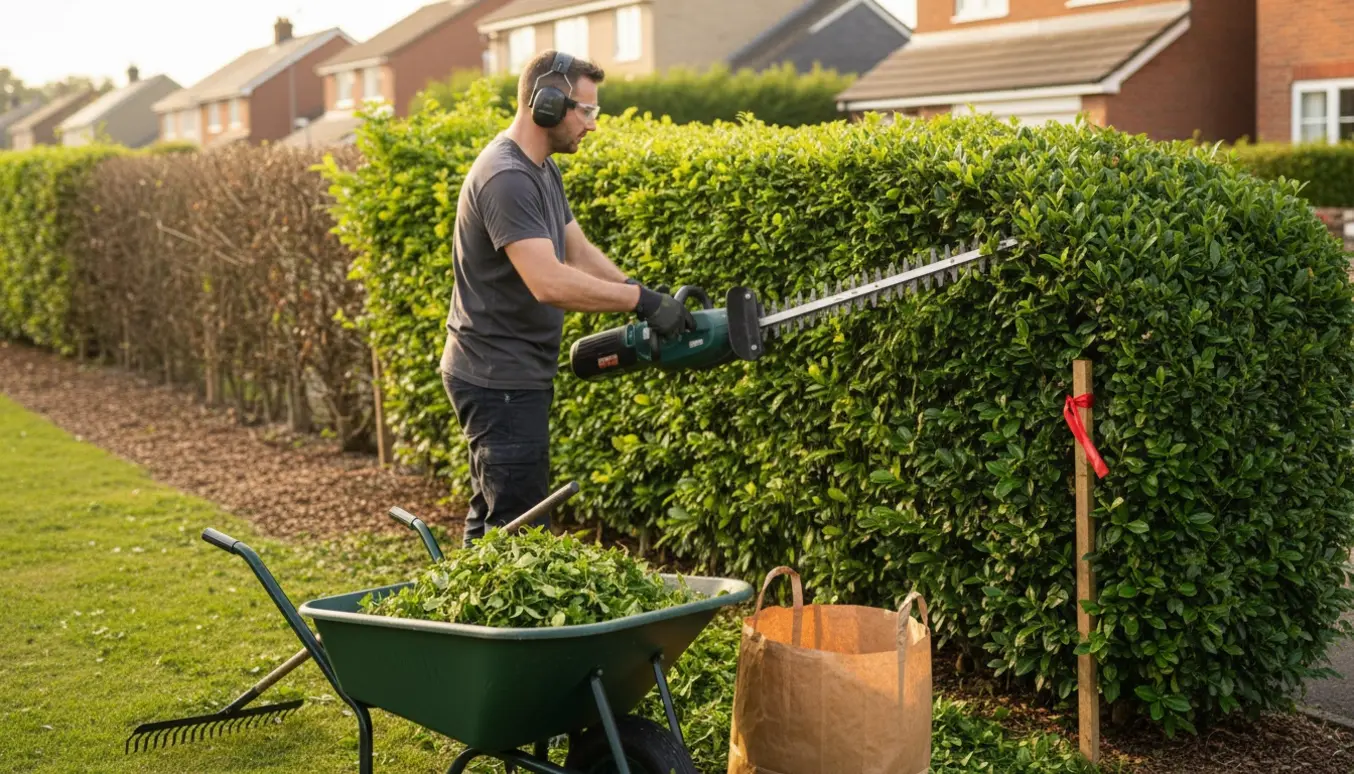 En person trimmer en lang ligusterhæk udvendigt med en rundet top og nyklippede grene samlet i en trillebør.