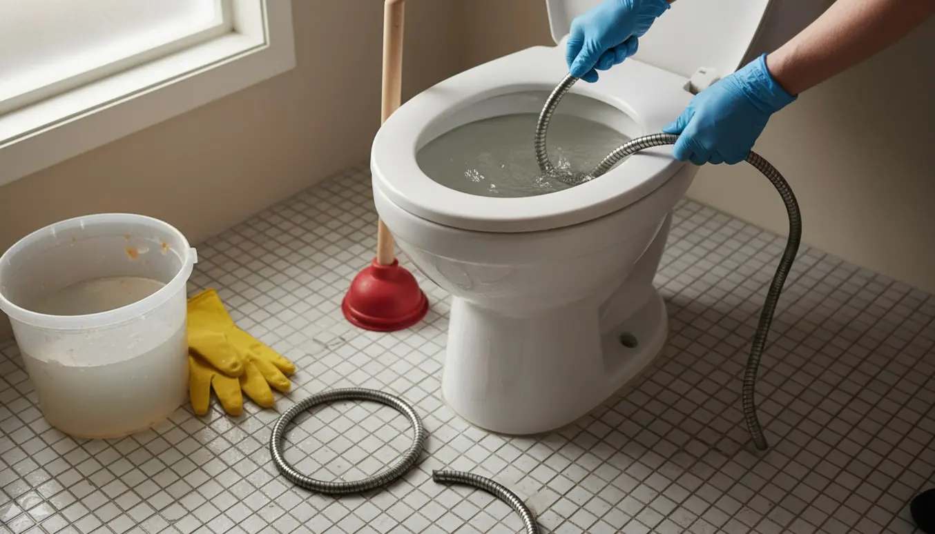 Et stoppet toilet med højt vand i kummen og en handske, der fører en afløbsslange ned for at rense.