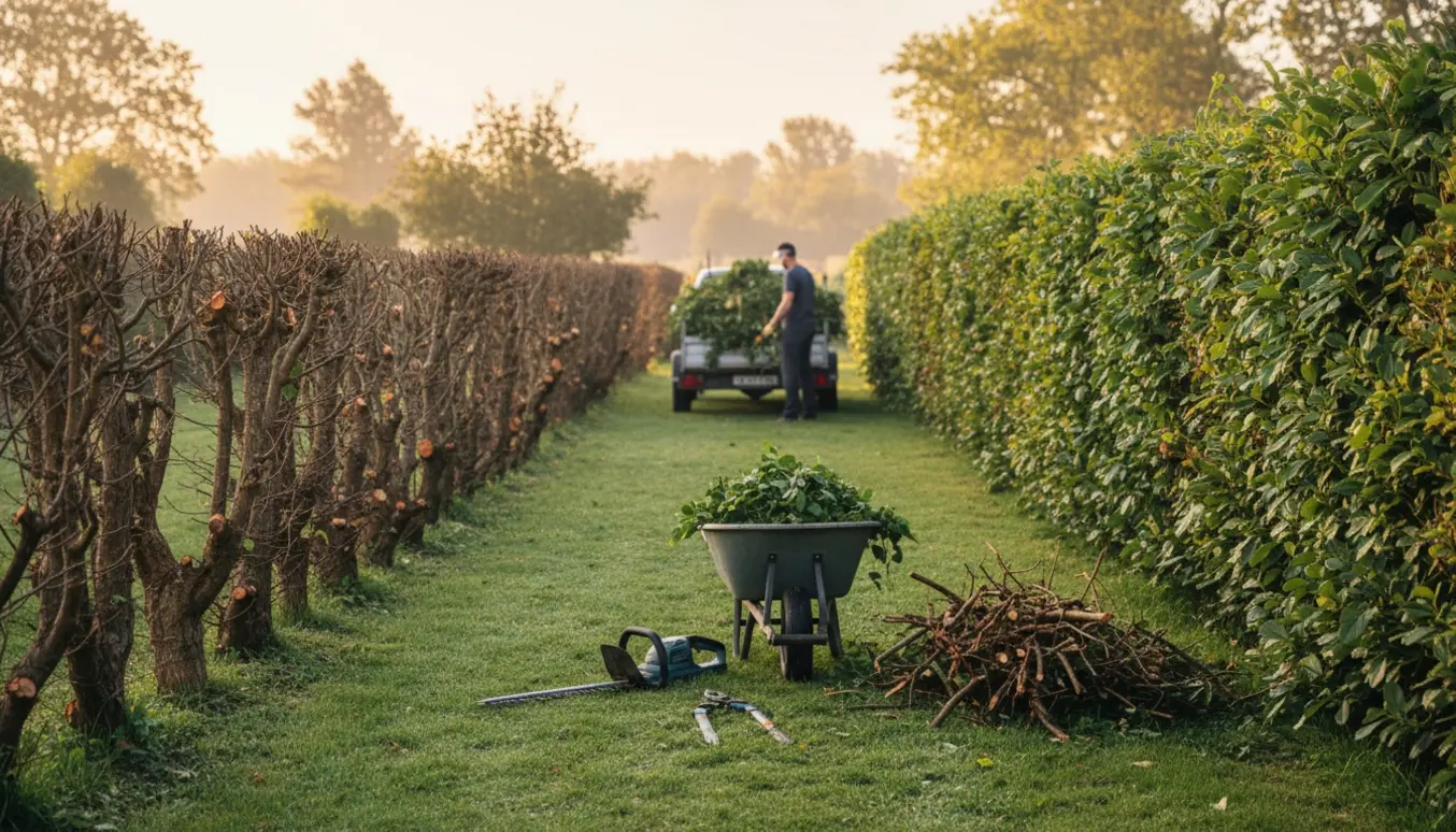 To hække klippet kraftigt tilbage med trillebør, beskæringsværktøj og bunker af afklip i en solrig have.