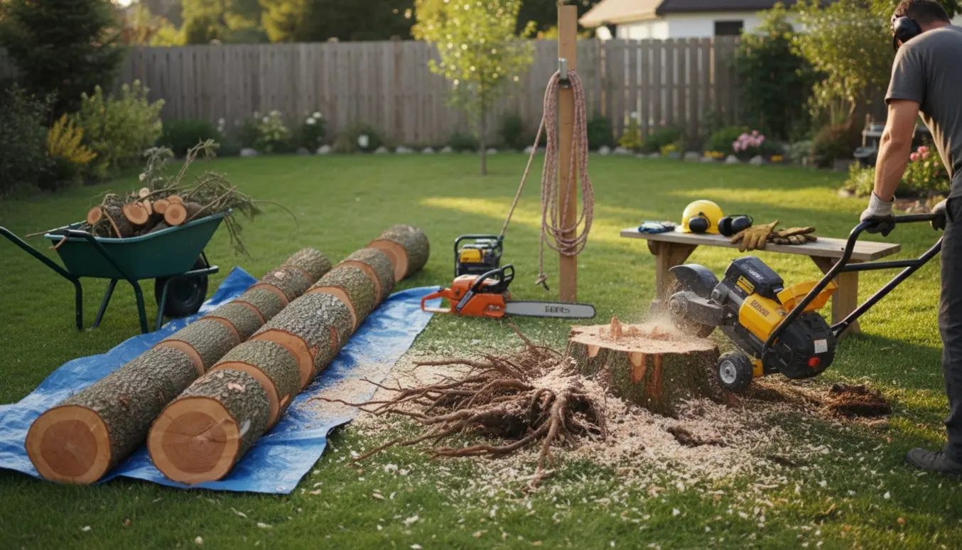 Efter fældning af et ca. 7 m højt grantræ: stubbefræsning og bunke af skårne stammer i en parcelhushave.