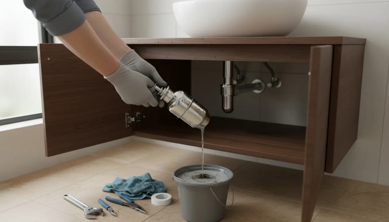 Hænder adskiller en moderne krom vandlås under et badeværelsesvask med spand og værktøj klar.