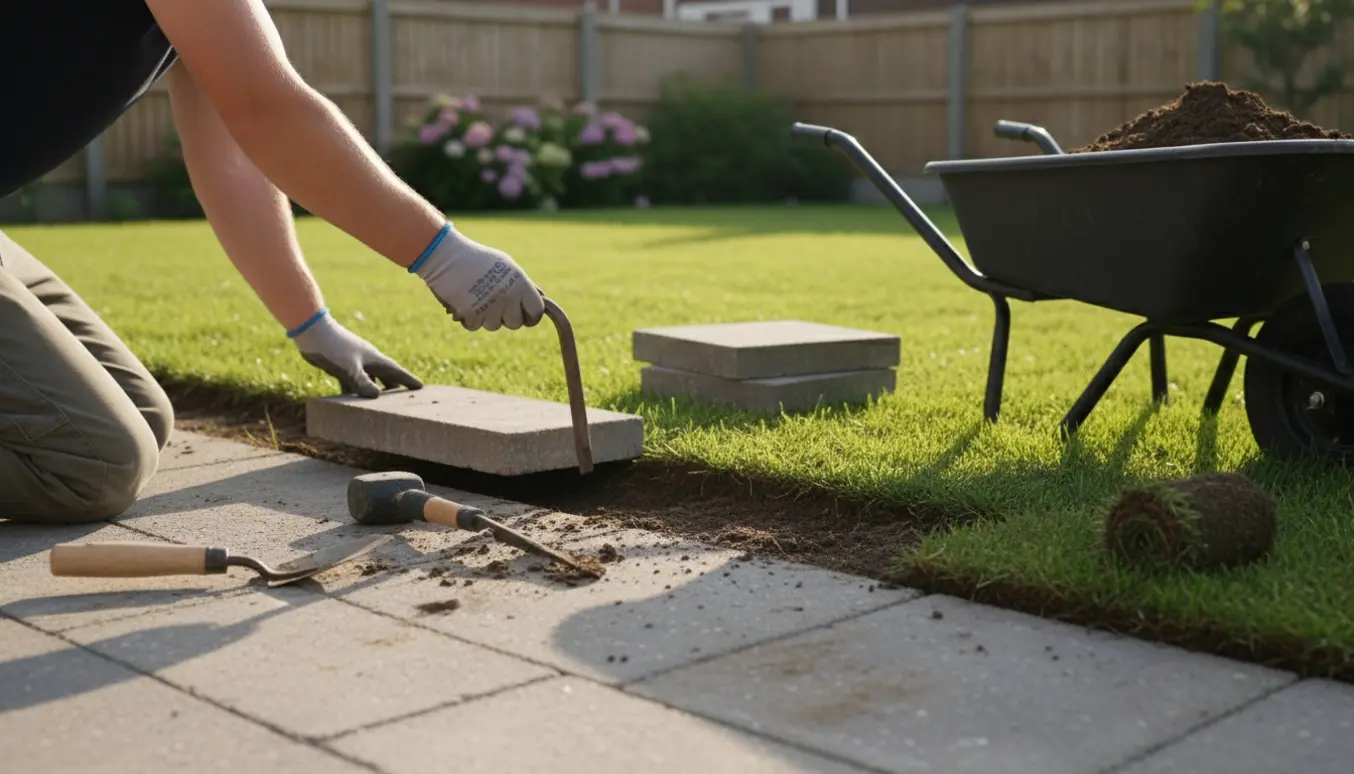 Nærbillede af hævet flisekant ved en græsplæne med værktøj og arbejdshænder.