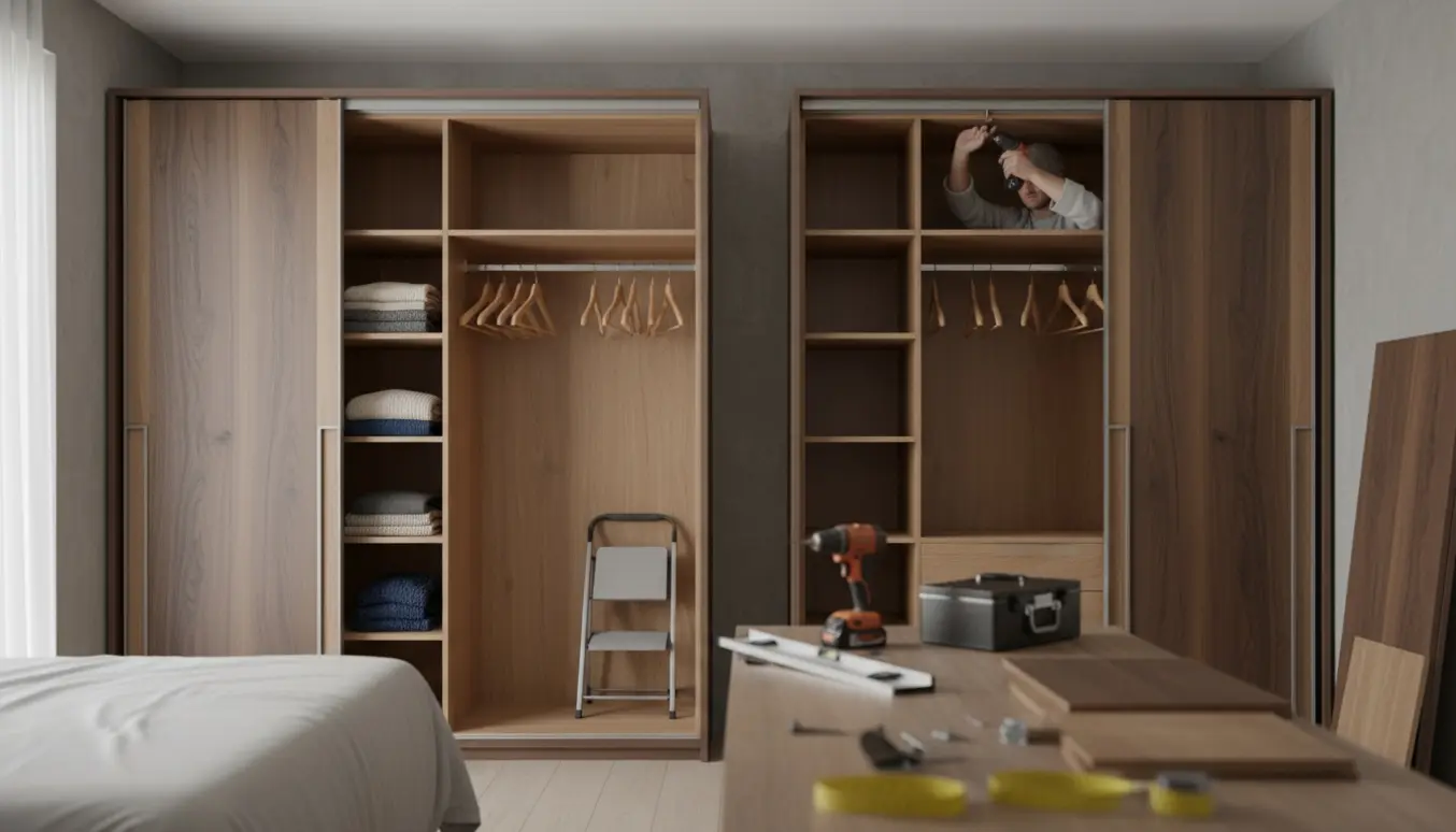 To gulv-til-loft væg-til-væg garderobeskabe under montage med delvist åbne skydedøre, hylder og tøjstang.