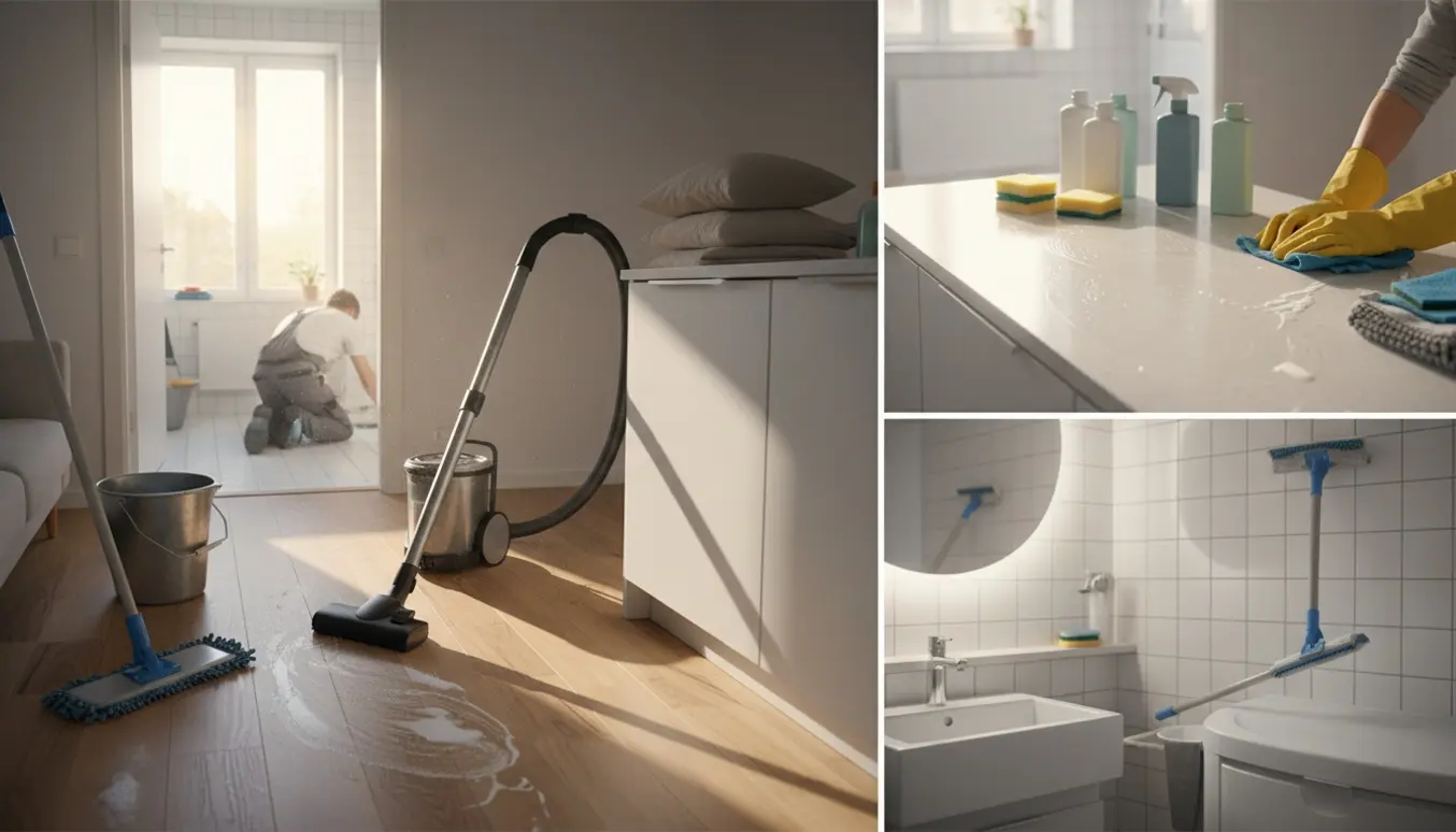 Lyst åbent lejlighedsværelse under flytterengøring med støvsuger, moppe og rengøringsmidler.