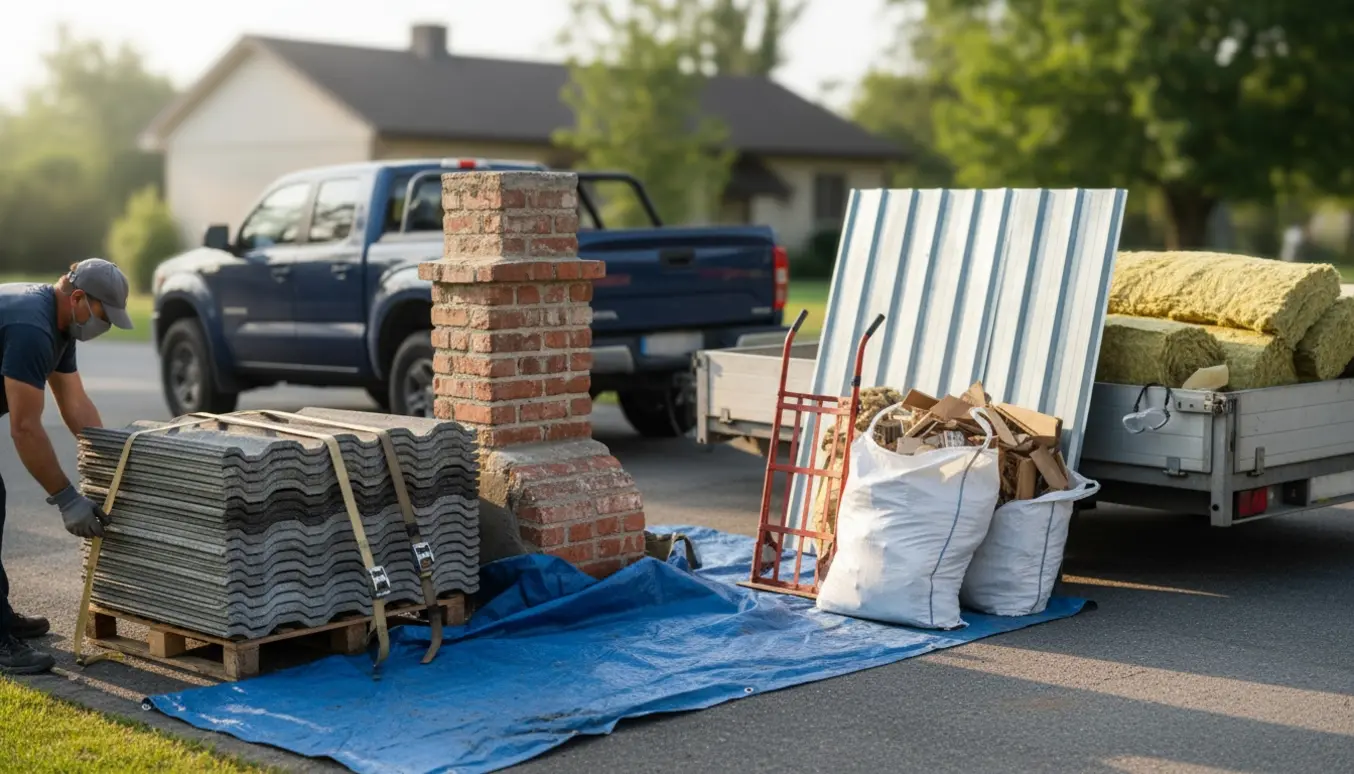 Lastning af byggematerialer på trailer med Eternit-tagplader, en gammel skorsten, trapetzplader, isolering og små brændbare materialer.