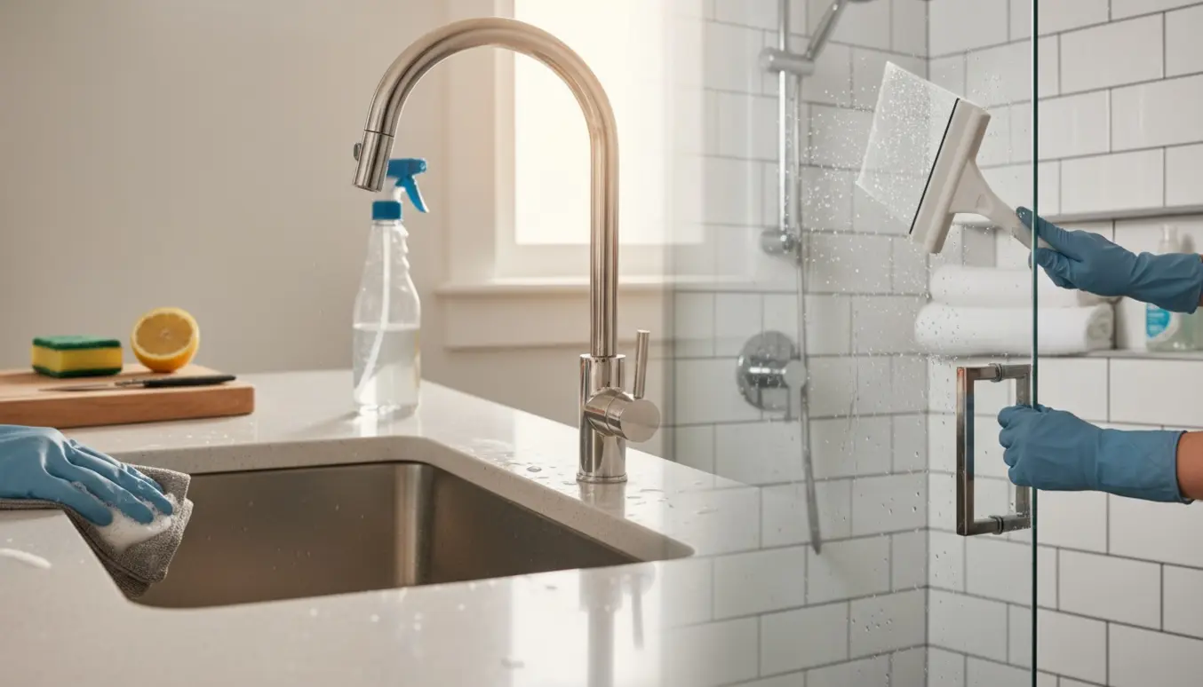 Hænder med gummihandsker rengør køkkensink og tører bruseglas i et lyst, moderne hjem.