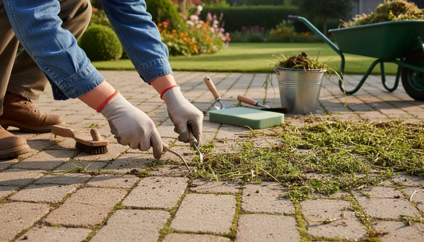 Nærbillede af hænder, der fjerner ukrudt mellem herregårdssten i en indkørsel med værktøj og spand i baggrunden.