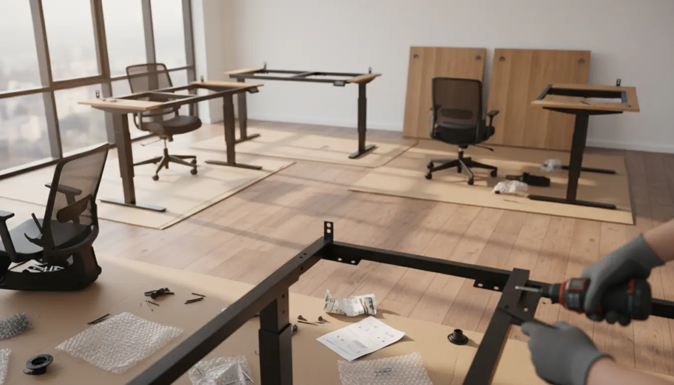 Hænder samler hæve-sænke skriveborde og kontorstole i et lyst kontormiljø.