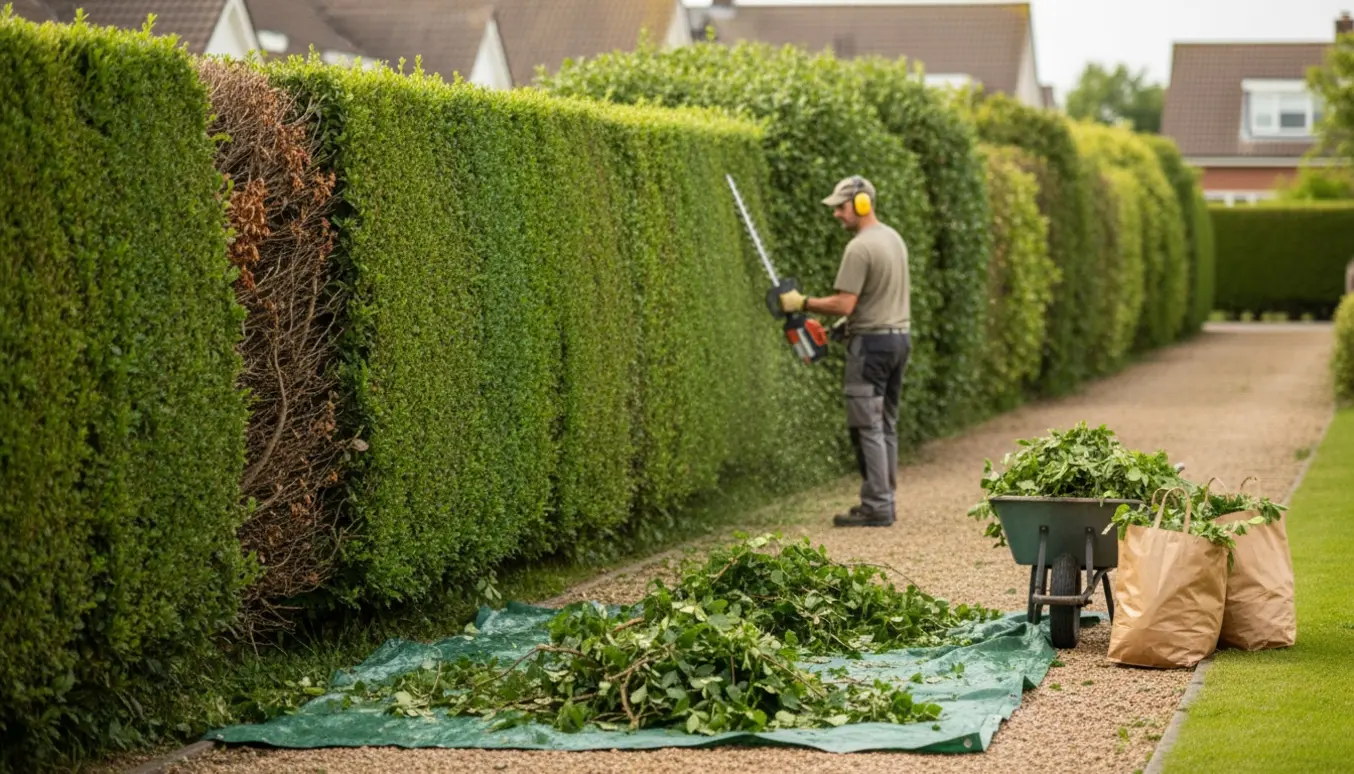 Lang havehæk halvt nyklippet til cirka to meter, afklip samlet i trillebør og sække.