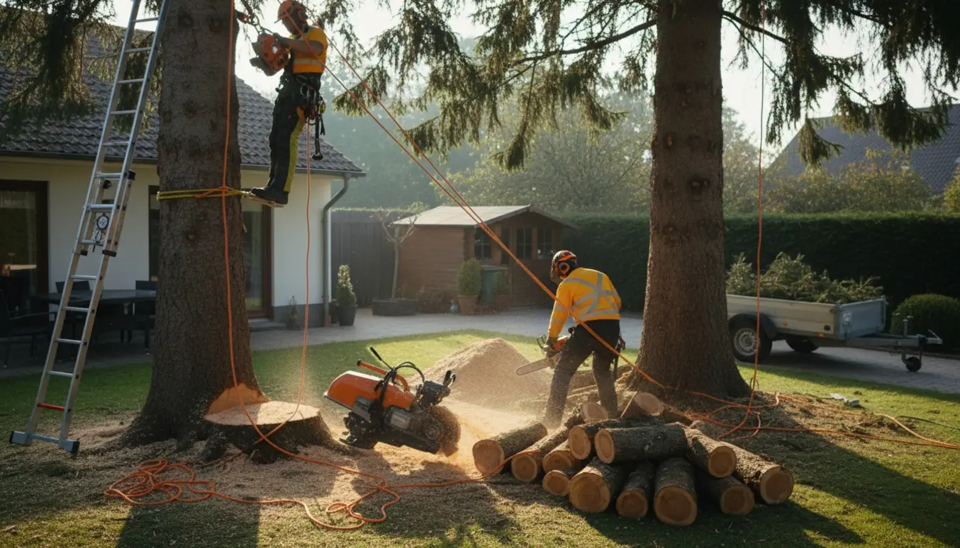 Arborister fjerner to store grantræer ved et hus med stubbefræsning, træstammer og flis i haven.