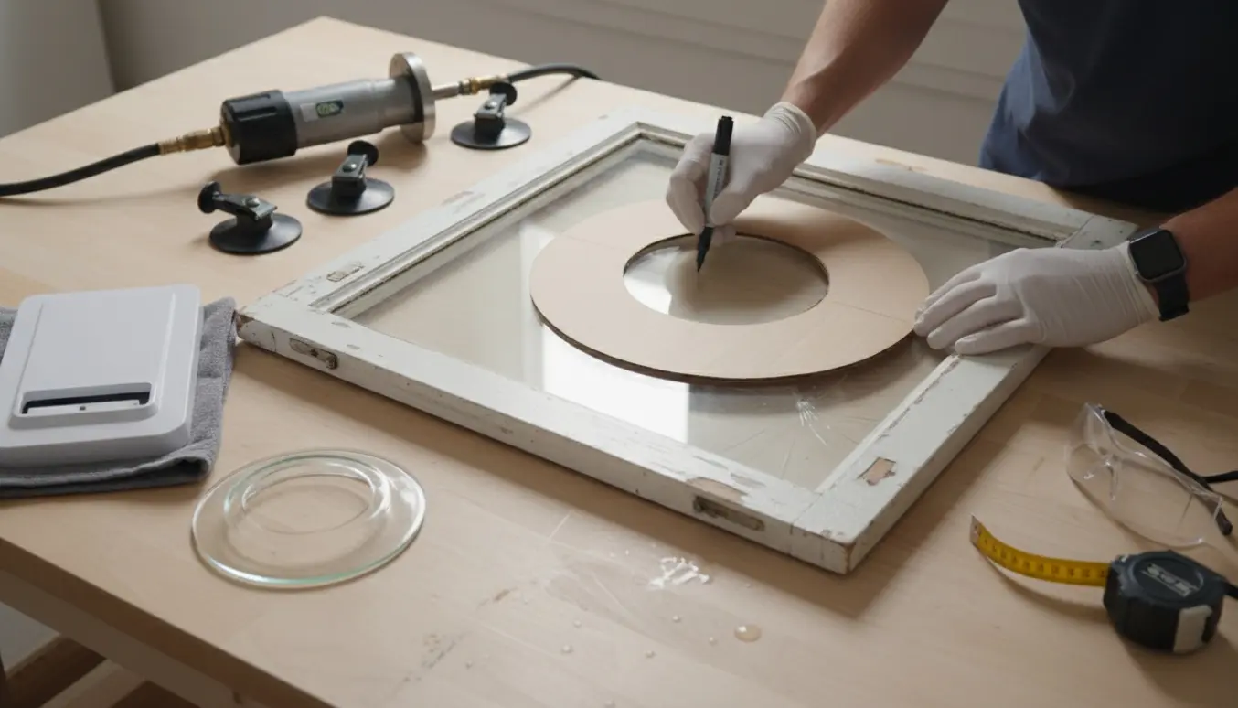 Kældervindue på arbejdsbord med afmærket rundt hul til kattelem og kattelem og adapter lagt ved siden af.