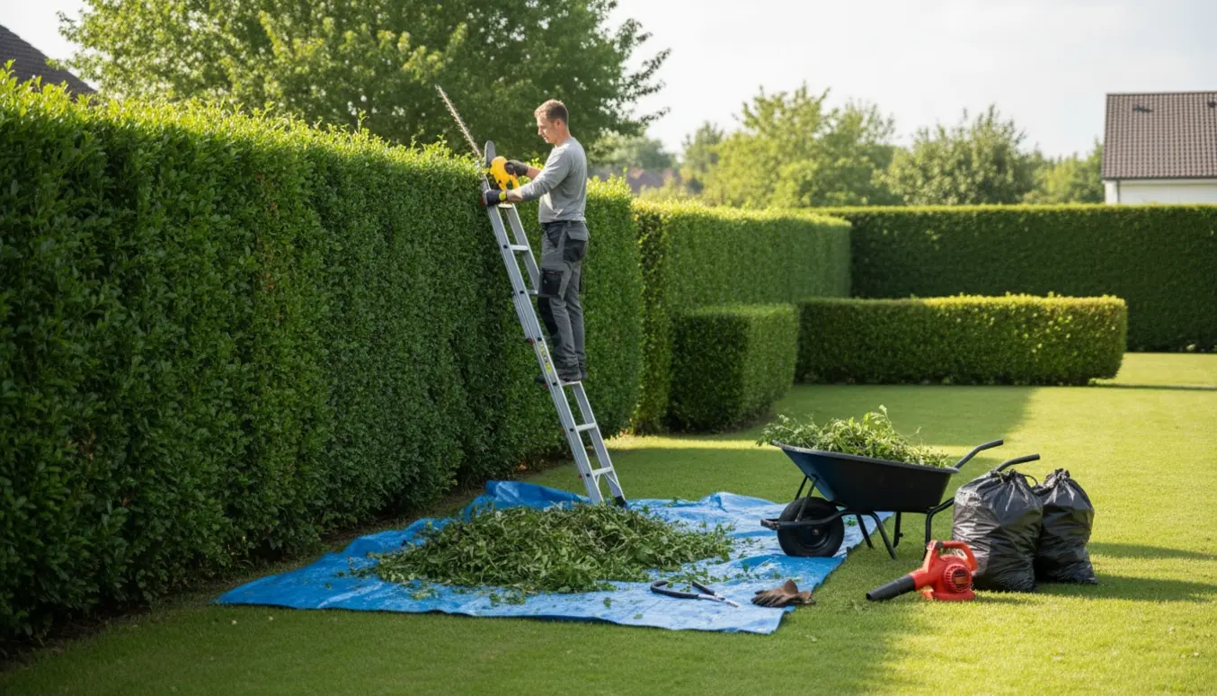 Professionel hækklipning i villahave med stige, hækklipper og opsamlede afklip klar til bortkørsel.