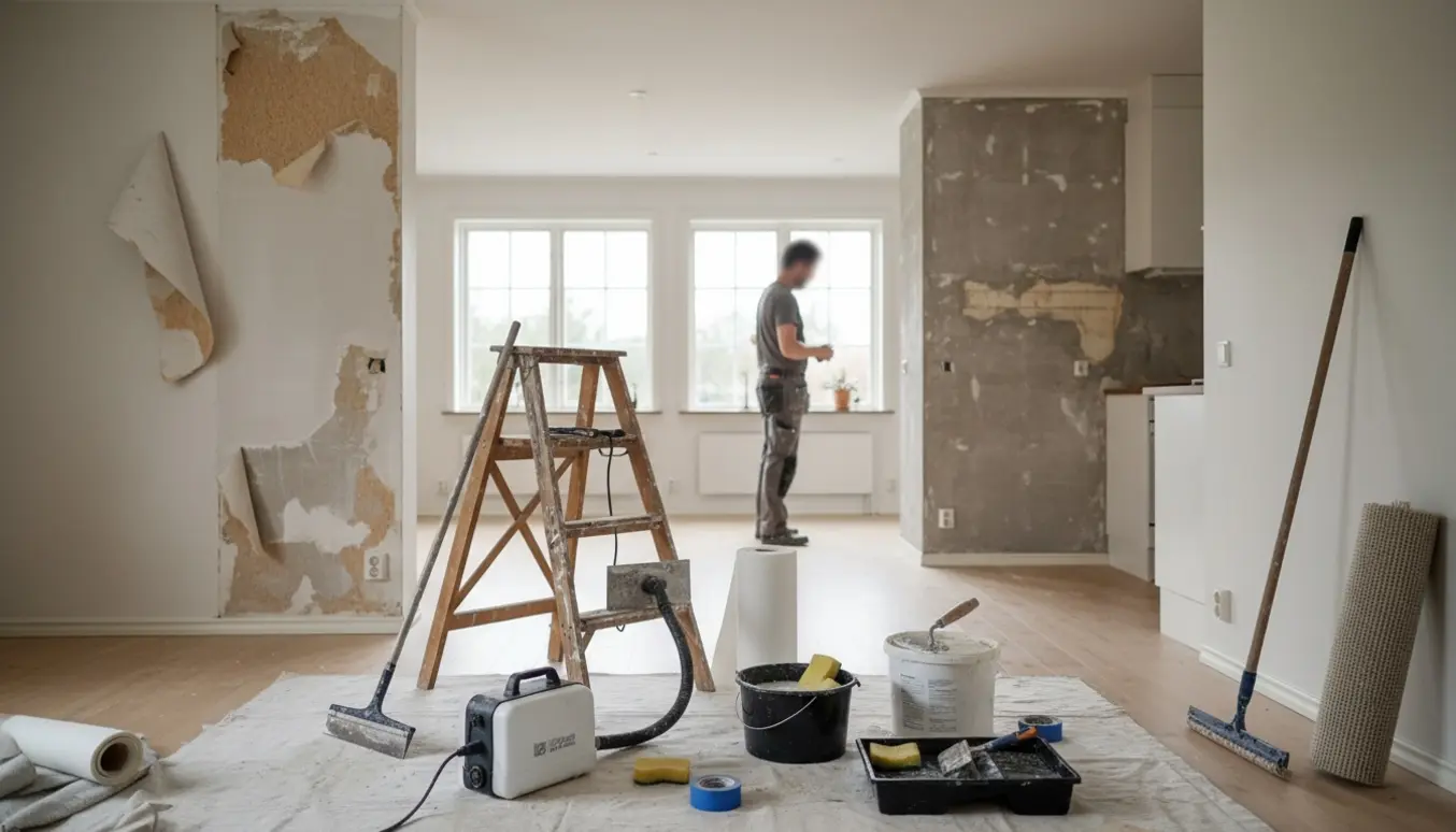 Indendørsbillede af hus under malerarbejde med delvist fjernet savsmuldstapet, spartelværktøj, filt og malergrej klar til fuldspartling og maling.