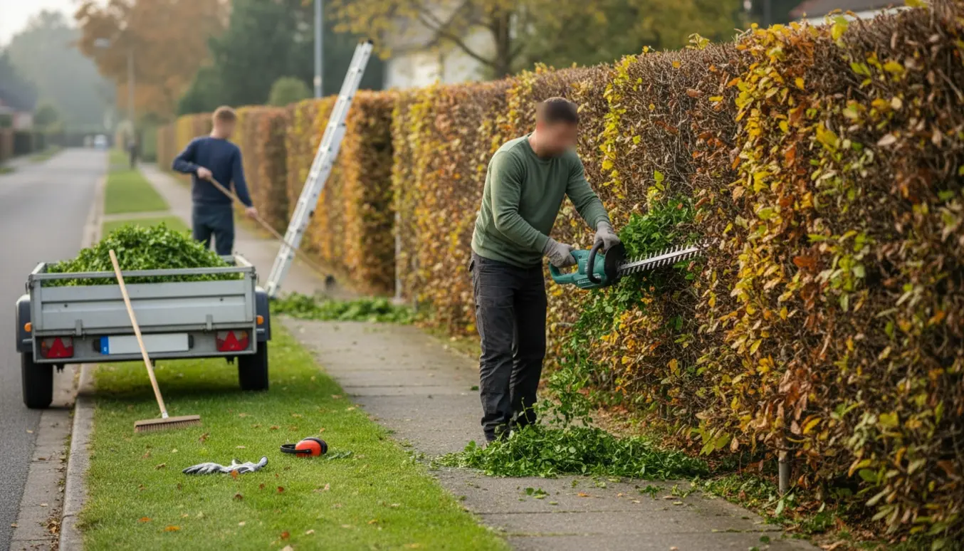 Lang ligusterhæk langs fortov klippes, afklip samles i en trailer.