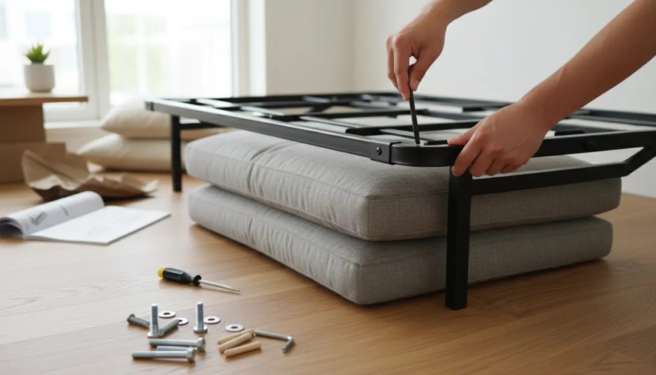 Nærbillede af hænder, der samler en IKEA sovesofa og spænder en bolt i stellet.