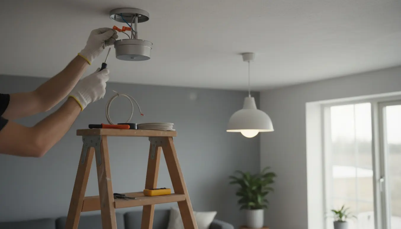 To lamper installeres i loftet; hænder forbinder en plafond med ledninger, mens en anden lampe allerede er opsat.