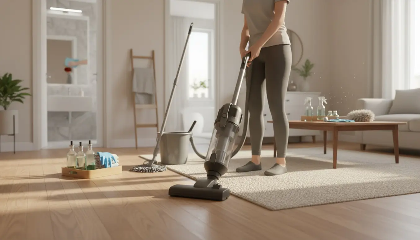 Lys og ryddelig lejlighed med en person uden synligt ansigt, der støvsuger og tørrer gulvet med rengøringsmidler i nærheden.