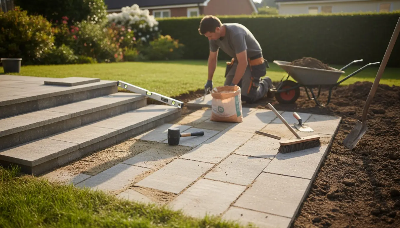Udendørs belægningsarbejde med fliser på terrasse, indgang og trapper, værktøj og opgravet jord.