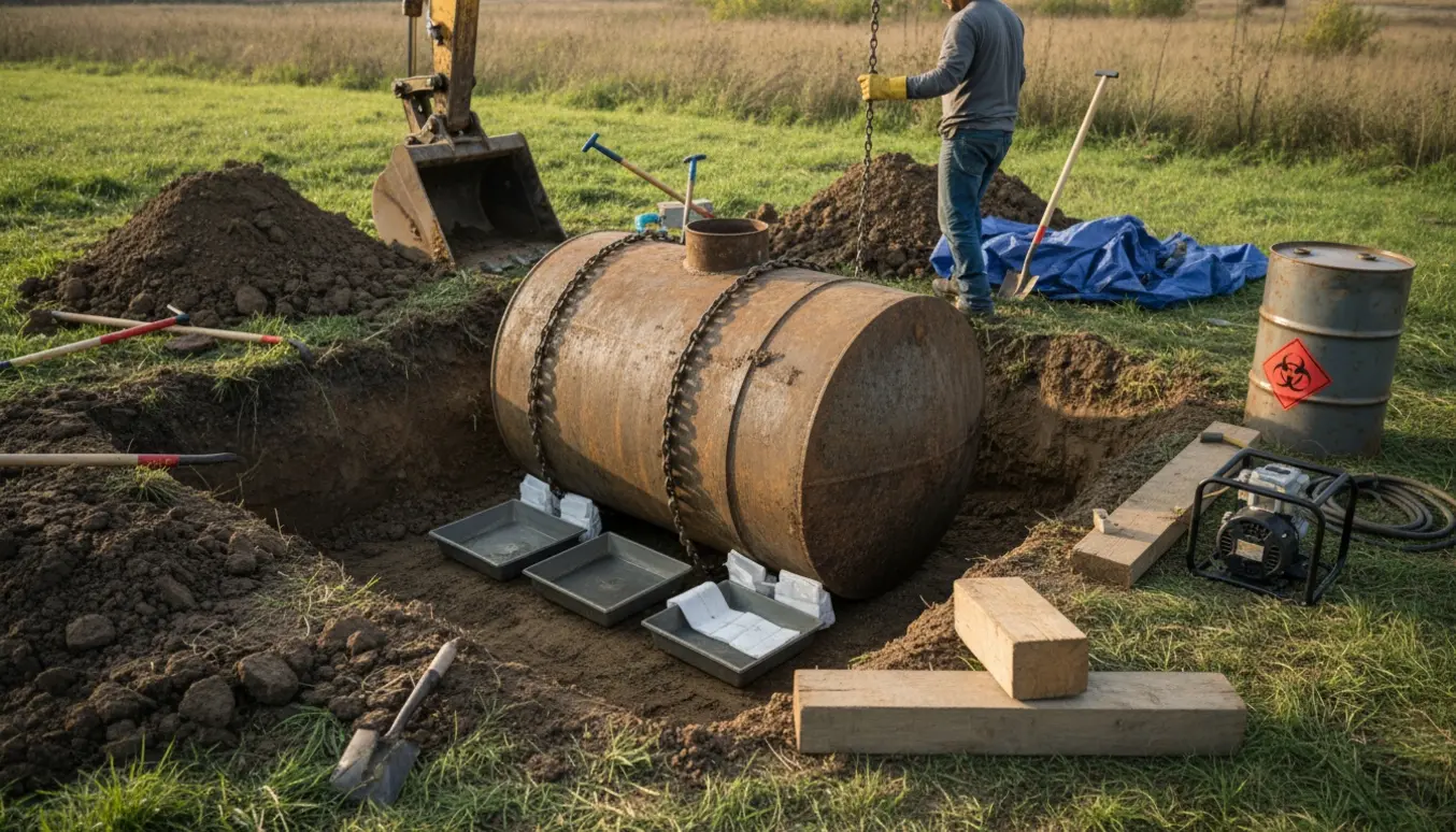 Delvist udgravet rusten olietank på ca. 2 m i en grøft med graveværktøj og opsamlingsudstyr omkring.