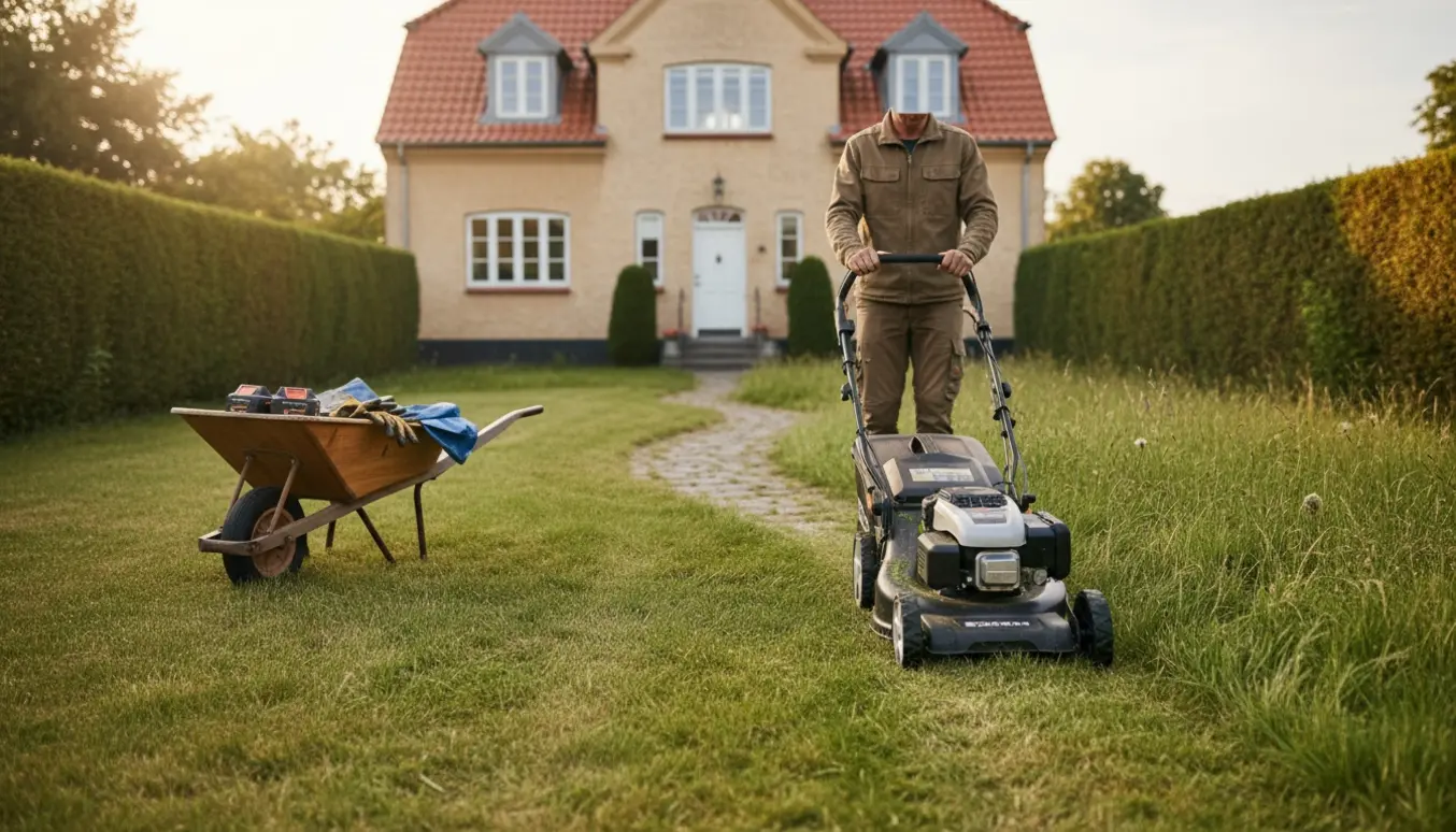 Ryggen af en gartner, der klipper en let overvokset græsplæne foran en to-etagers villa i Charlottenlund.