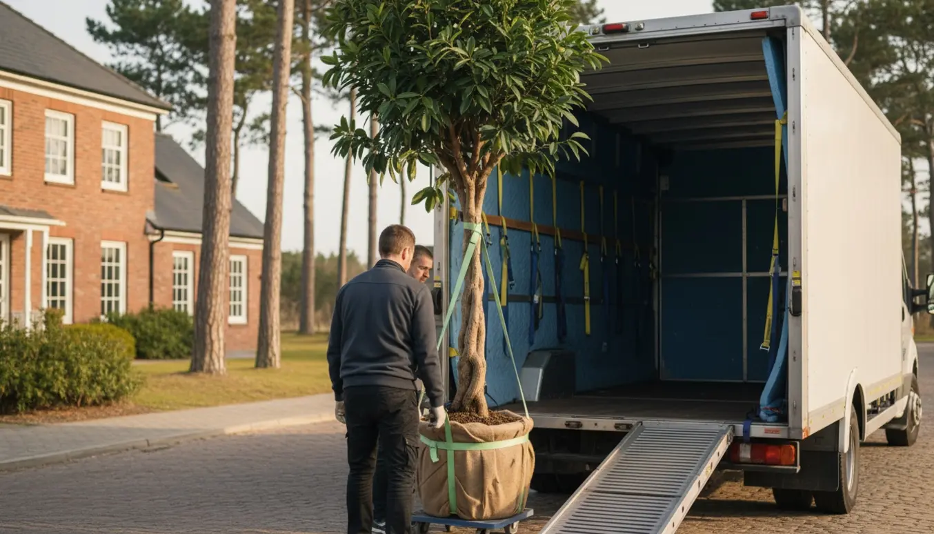 Et højt paradistræ læsses forsigtigt ind i en høj flyttevogn på en stille dansk villavej.