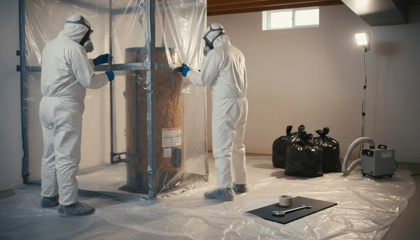 To personer i beskyttelsesdragter fjerner en gammel vandvarmer indpakket i formodet asbest i en velholdt kælder.