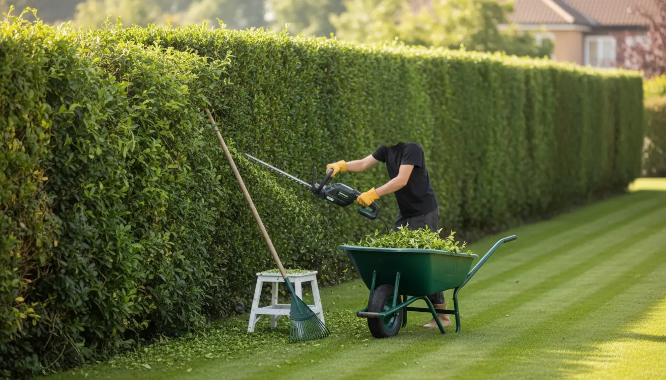 En person klipper en lang ligusterhæk i en velholdt have med hækkeklipper og trillebør med afklip.