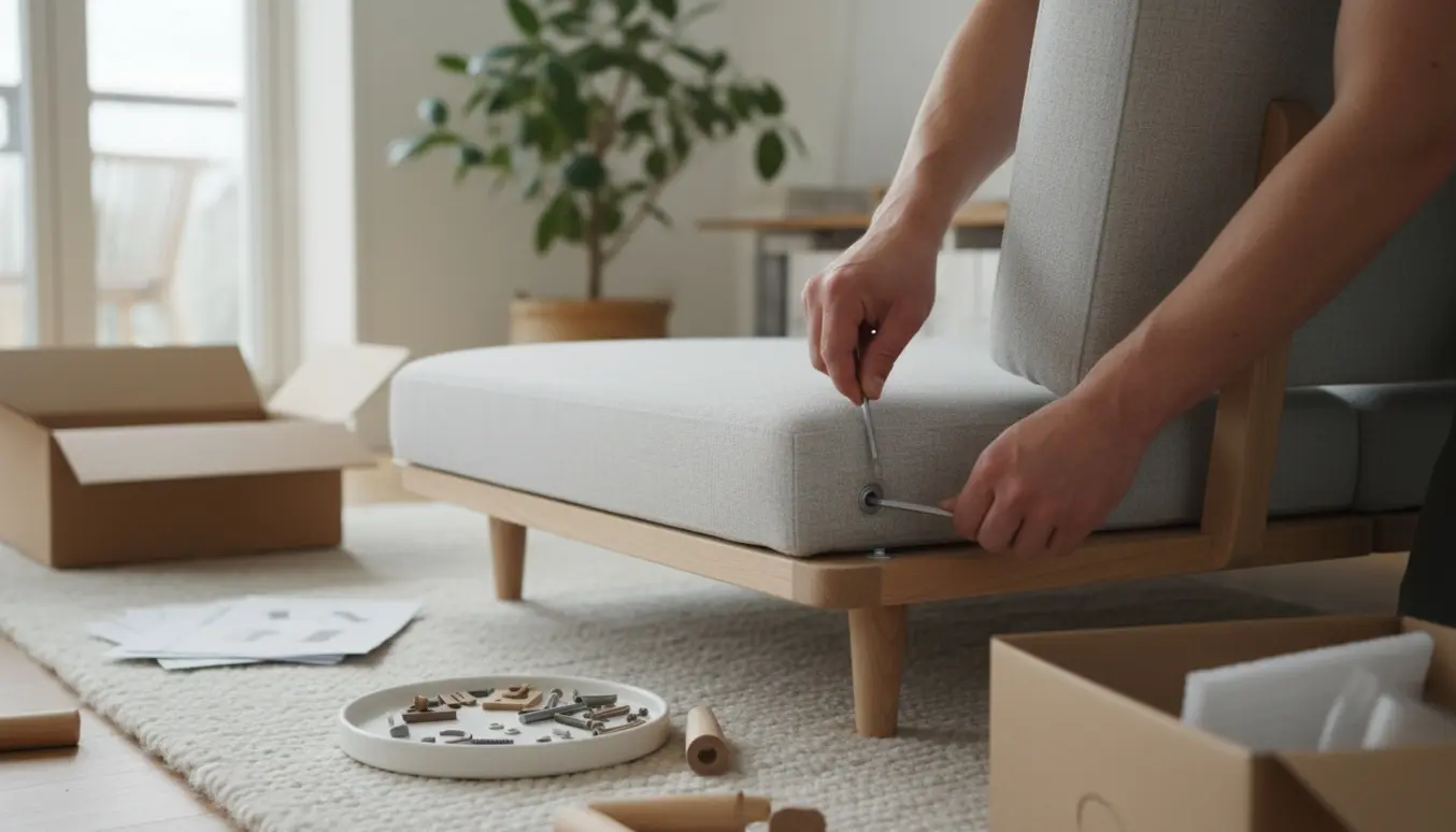 Hænder samler en ny modulsofa i en lys skandinavisk stue med værktøj og emballage.