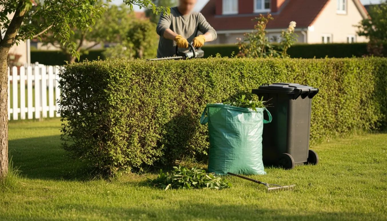 En person trimmer en lille hæk i haven, mens grønt haveaffald samles ved en kompostbeholder.