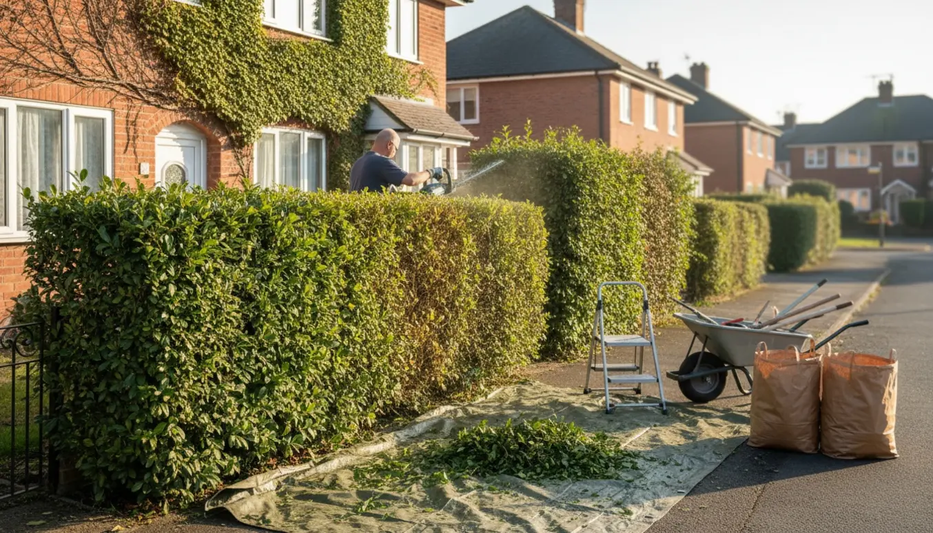 Privathæk ved et lille rækkehus, hvor toppen og den ene side klippes, med hækaffald i fyldte sække.