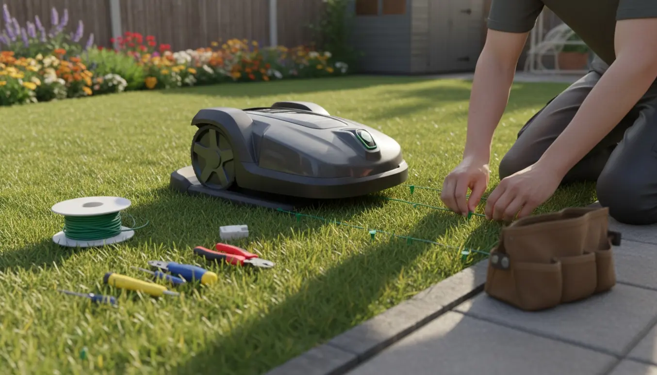 En person lægger grænsetråd og tilslutter en robotplæneklipper til ladestationen i en baghave.