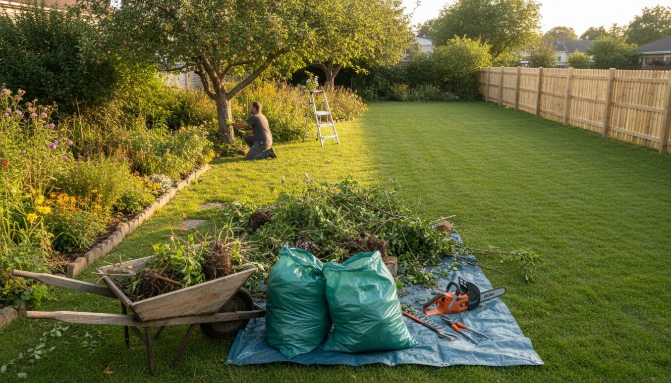 Baghave under oprydning med afklippede grene, buske og et æbletræ, værktøj og poser til haveaffald, klar til kun græs og hegn.