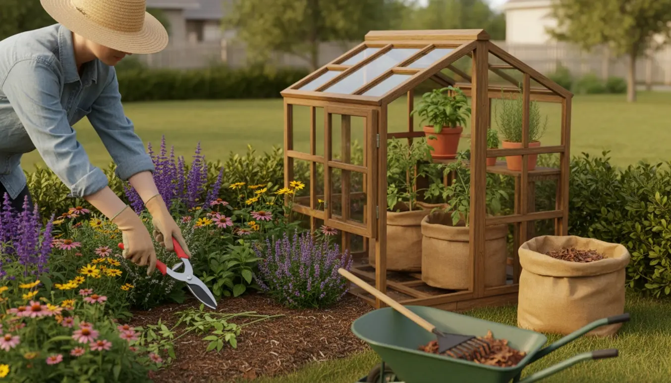 Nærbillede af handskerede hænder der klipper et lille staudebed ved et åbent drivhus med tomater og køkkenurter, mens ukrudt samles ved en hæk.