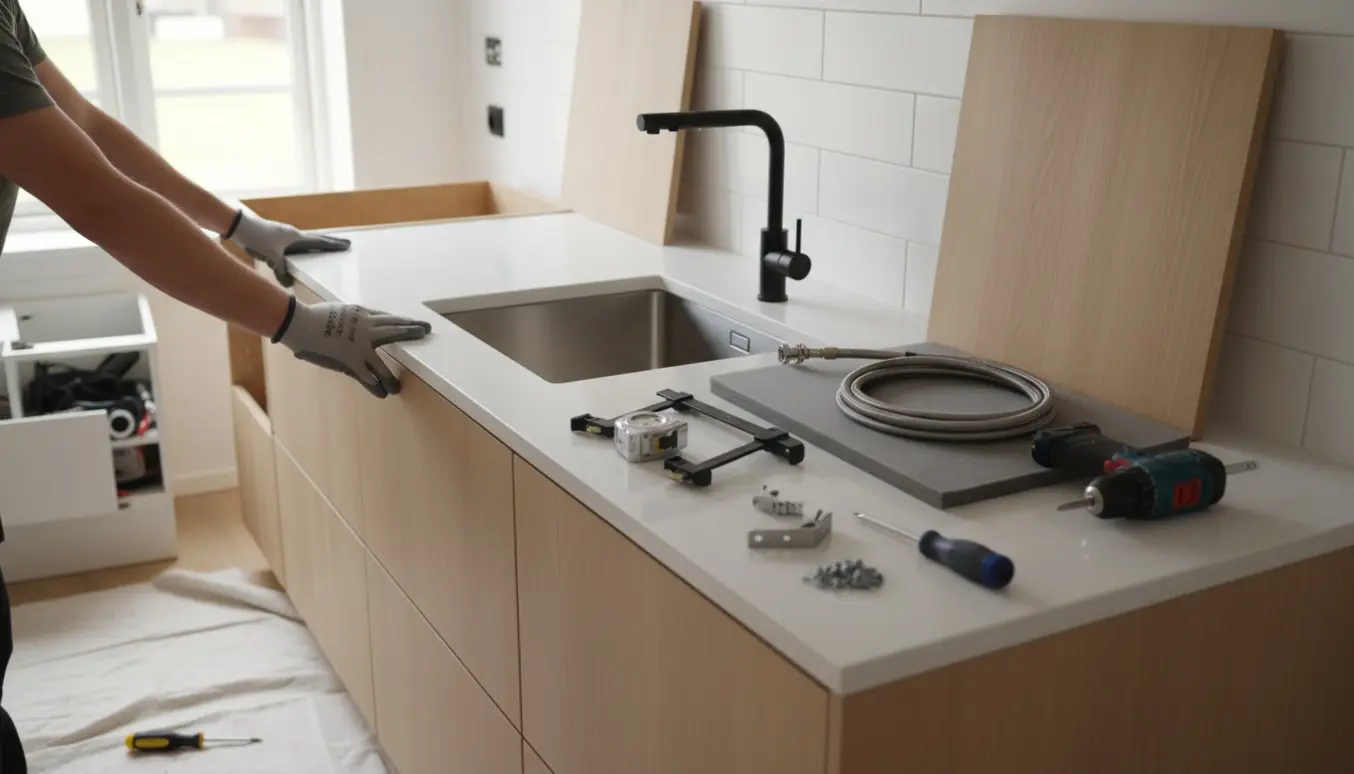 Installatører løfter en 3 meter køkkenbordplade på plads i et lyst, moderne køkken med nye fronter og vask.