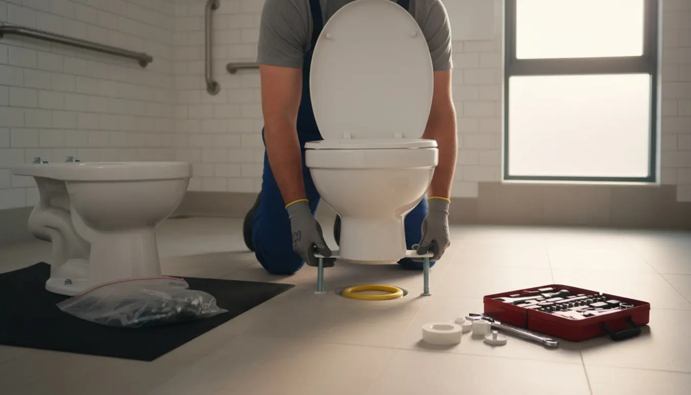 Autoriseret VVS'er installerer et nyt gulvstående toilet i et lyst badeværelse.