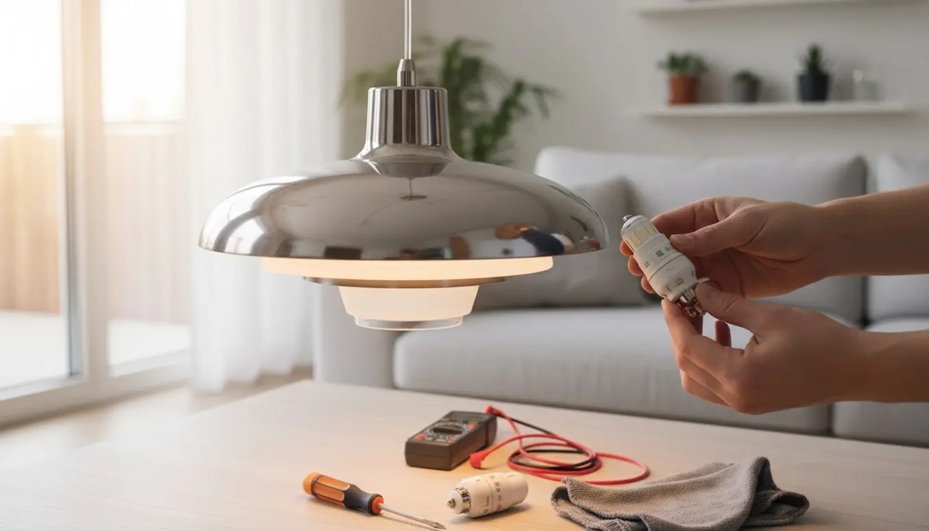 Hængelampe med udskiftede GU10-pærer og værktøj klar til fejlfinding.