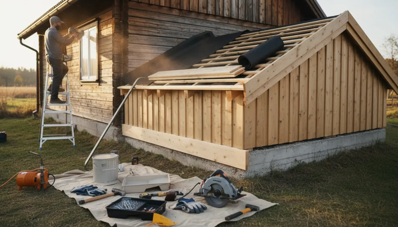 Skurtag delvist skiftet med nyt tagpap og forside af træhus under slibning og maling, værktøj i forgrunden.