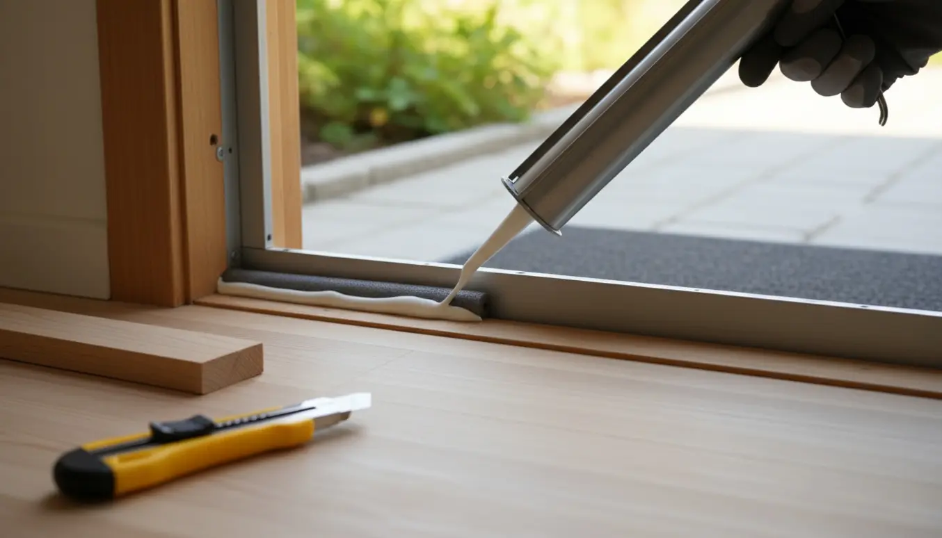 Nærbillede af fugearbejde under en ny hoveddør med fugepistol, fugebagstop og værktøj.