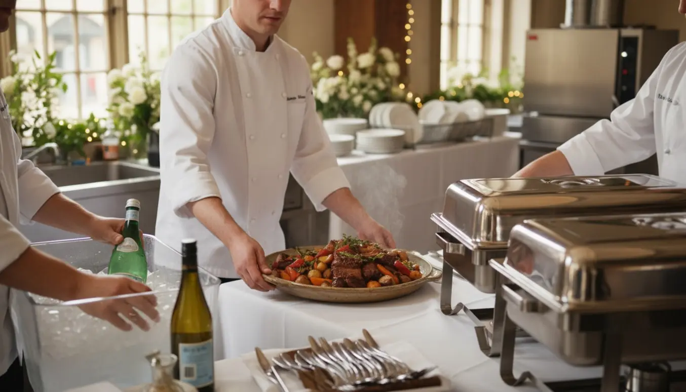 Hænder sætter fade på en elegant bryllupsbuffet, mens drikkevarer køles i en isspand.
