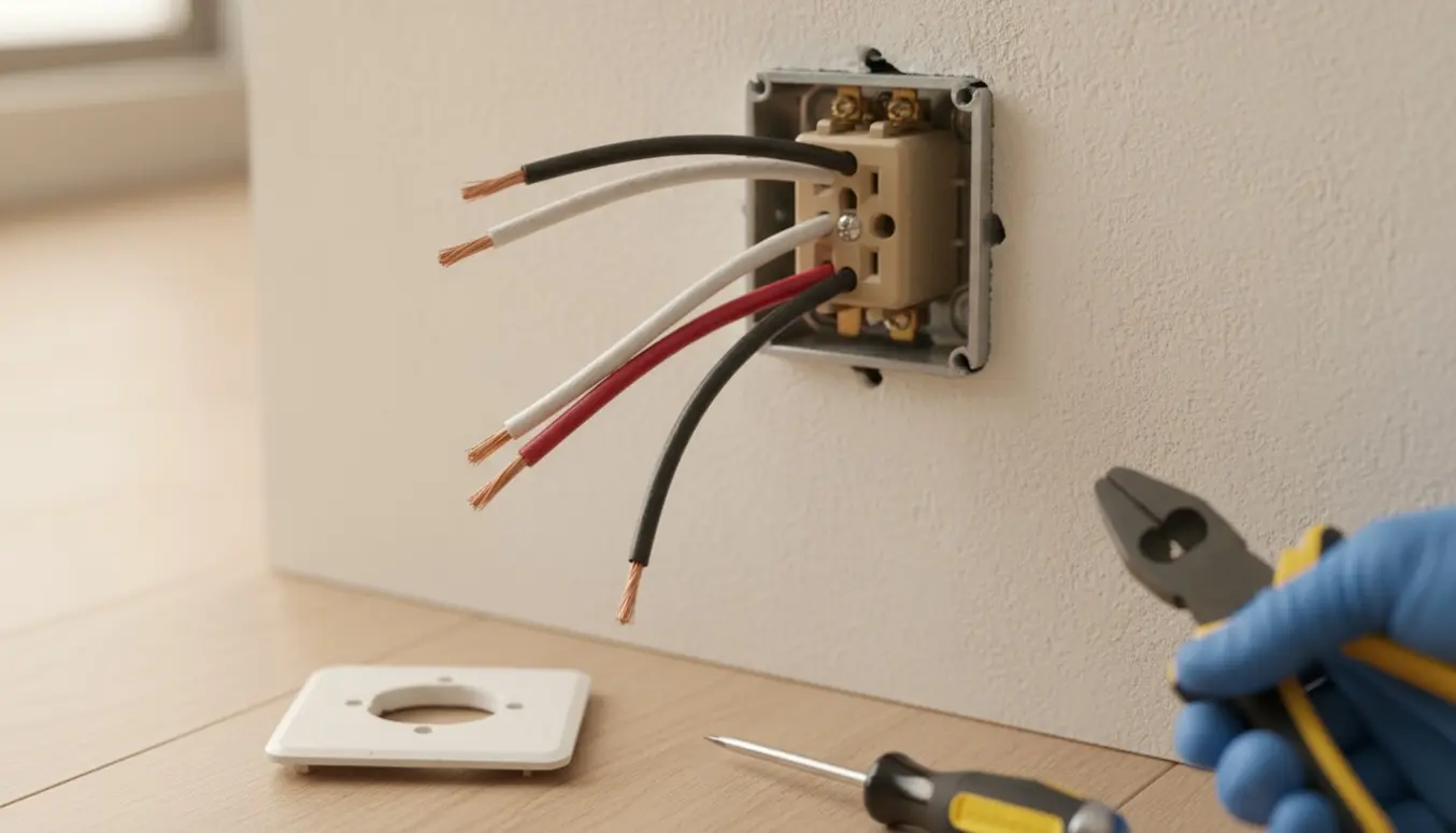 Åben stikkontakt i væggen med fem ledninger (to hvide, to sorte og en rød) synlige.