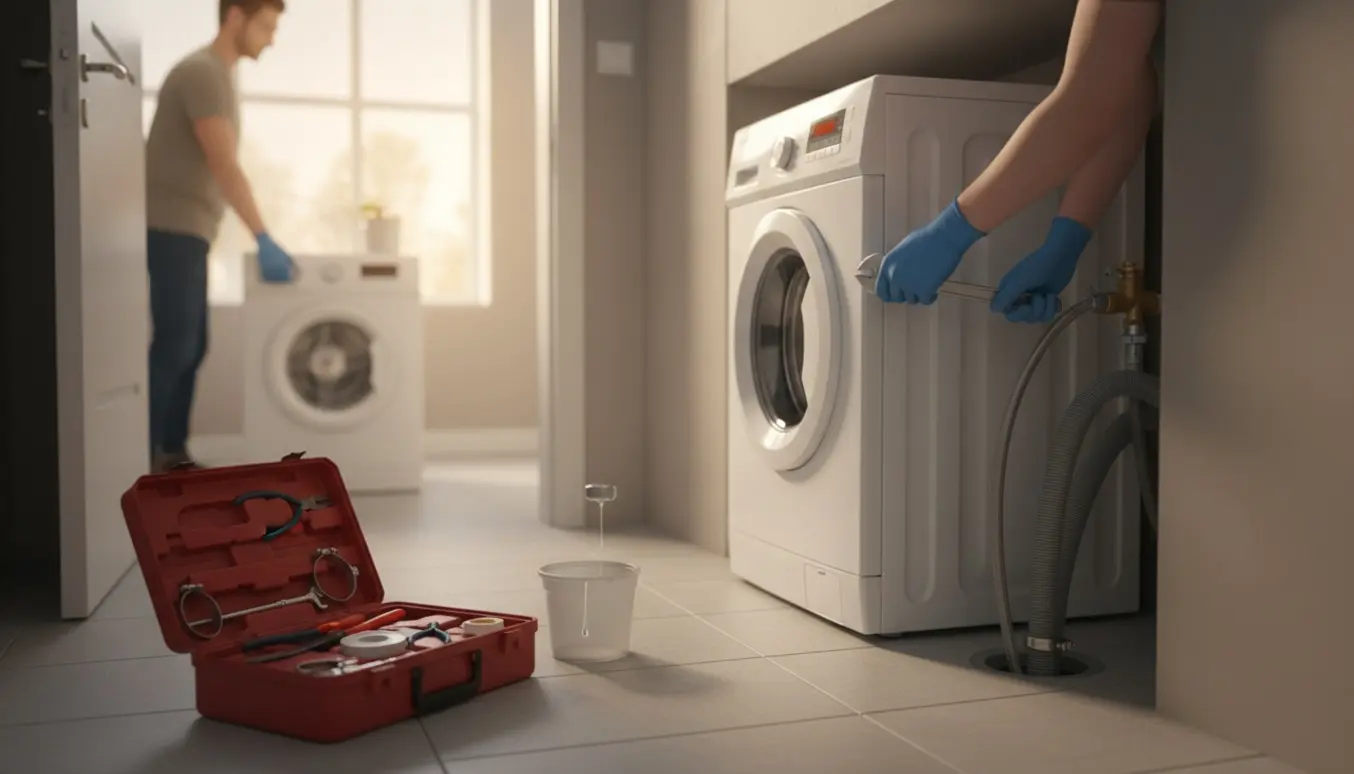 Gloved hænder tilslutter en vaskemaskines vand- og afløbsslanger i et lyst bryggers, mens en gammel maskine bæres ud i baggrunden.