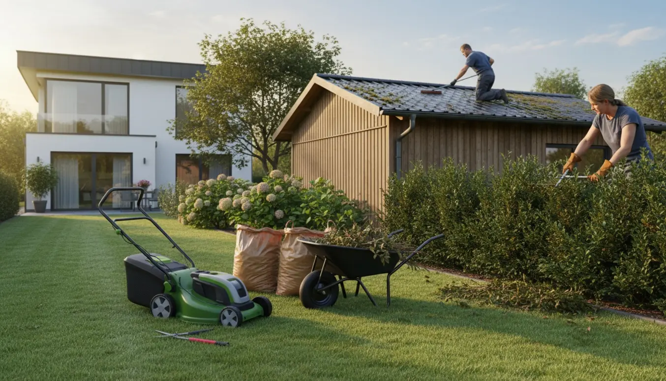 En haveejer trimmer hæk og rydder mos og blade af et fladt tag på en ejendom med plæne og værksted.