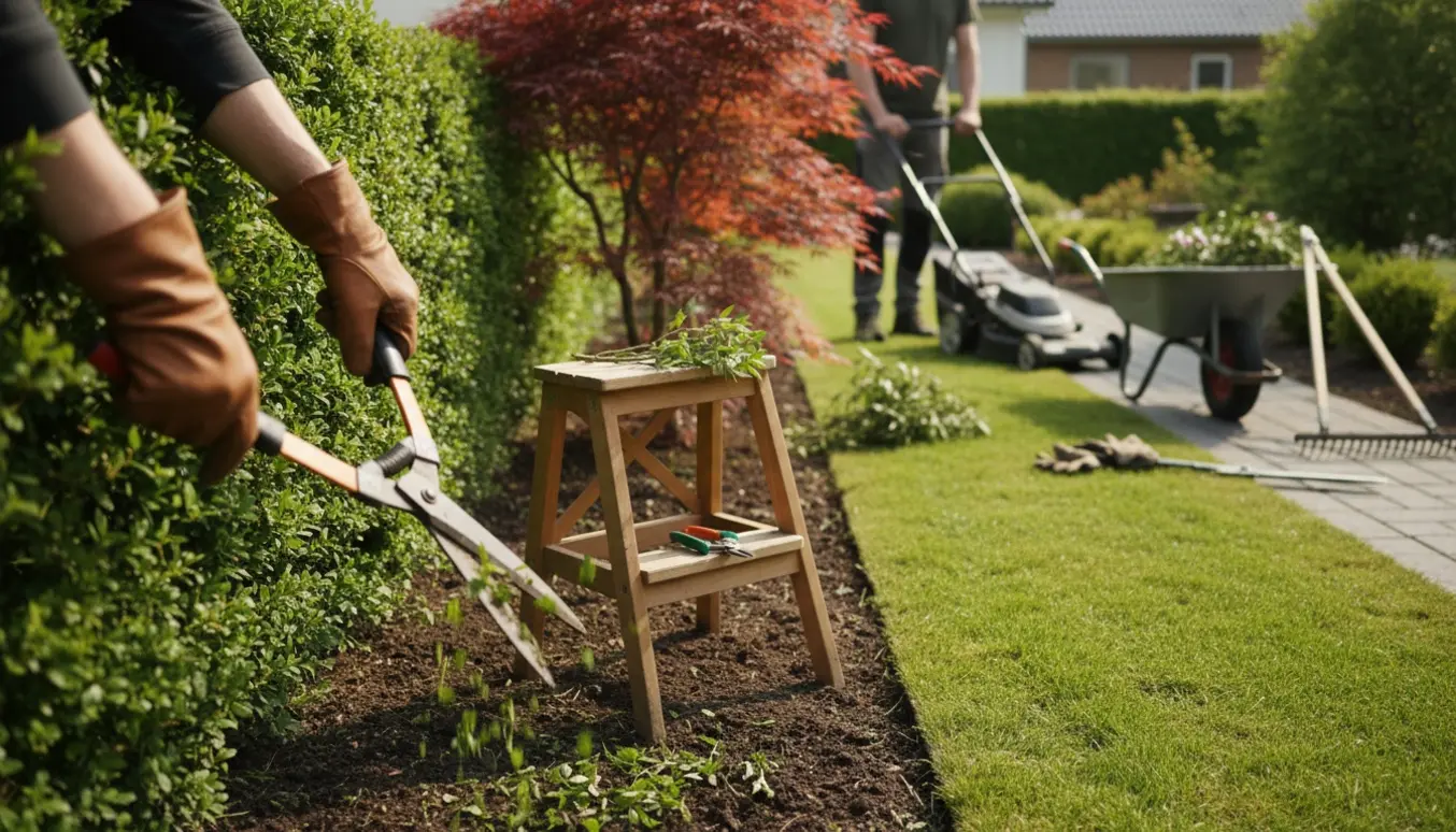 Nærbillede af hækklipning og havevedligeholdelse i en velplejet villahave med værktøj og nytrimmede kanter.